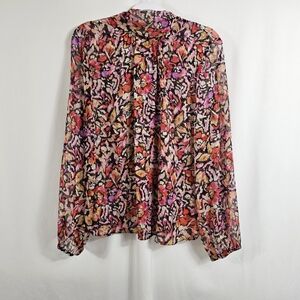 Mis Los Angeles Lulu Bow Tie Neck Chiffon Blouse in Fire Floral - Size L